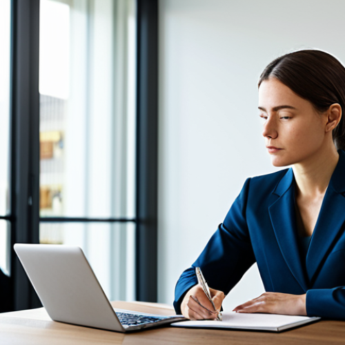 Home 19 A focused female professional, dressed in a modest, contemporary business suit, seated comfortably at a sleek, minimalist desk in a sunlit modern office. On the desk, there is an open laptop displaying property management software, alongside a notebook and a pen. She is looking at the screen with a thoughtful expression, perhaps taking notes or analyzing data. Her posture is natural and composed. perfect anatomy, correct proportions, natural pose, well-formed hands, proper finger count, natural body proportions, professional photography, soft studio lighting, high resolution, detailed, realistic, fully clothed, modest clothing, appropriate attire, professional dress, safe for work, appropriate content, professional.