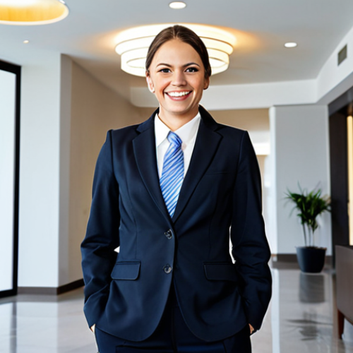 Home 18 **
A professional property manager, fully clothed in modest business attire, standing in the lobby of a modern apartment complex. Smiling confidently. Safe for work. Appropriate content. Perfect anatomy, natural proportions. High-quality professional photograph, bright lighting.
**