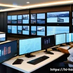 주택관리사와 재난관리 업무 연결 - A modern residential security control room featuring a diverse team of Indian security personnel and...