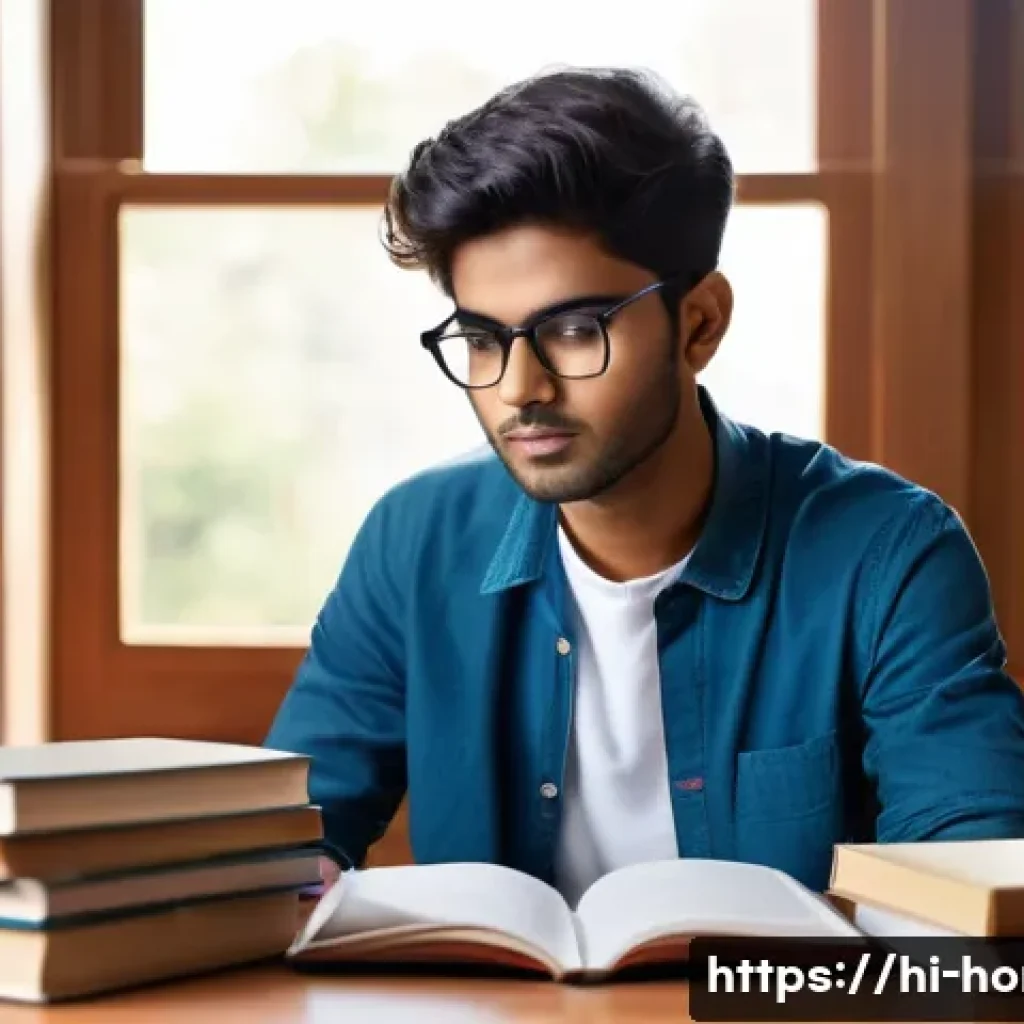주택관리사 자격증 난이도 - A focused young Hindi-speaking student sitting at a modern study desk, surrounded by textbooks and n...