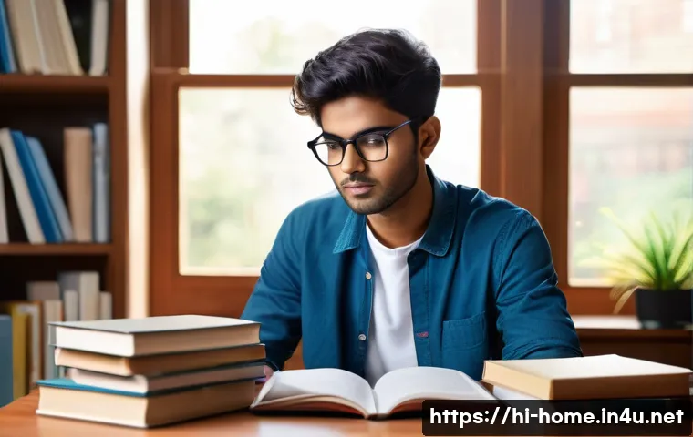 주택관리사 자격증 난이도 - A focused young Hindi-speaking student sitting at a modern study desk, surrounded by textbooks and n...
