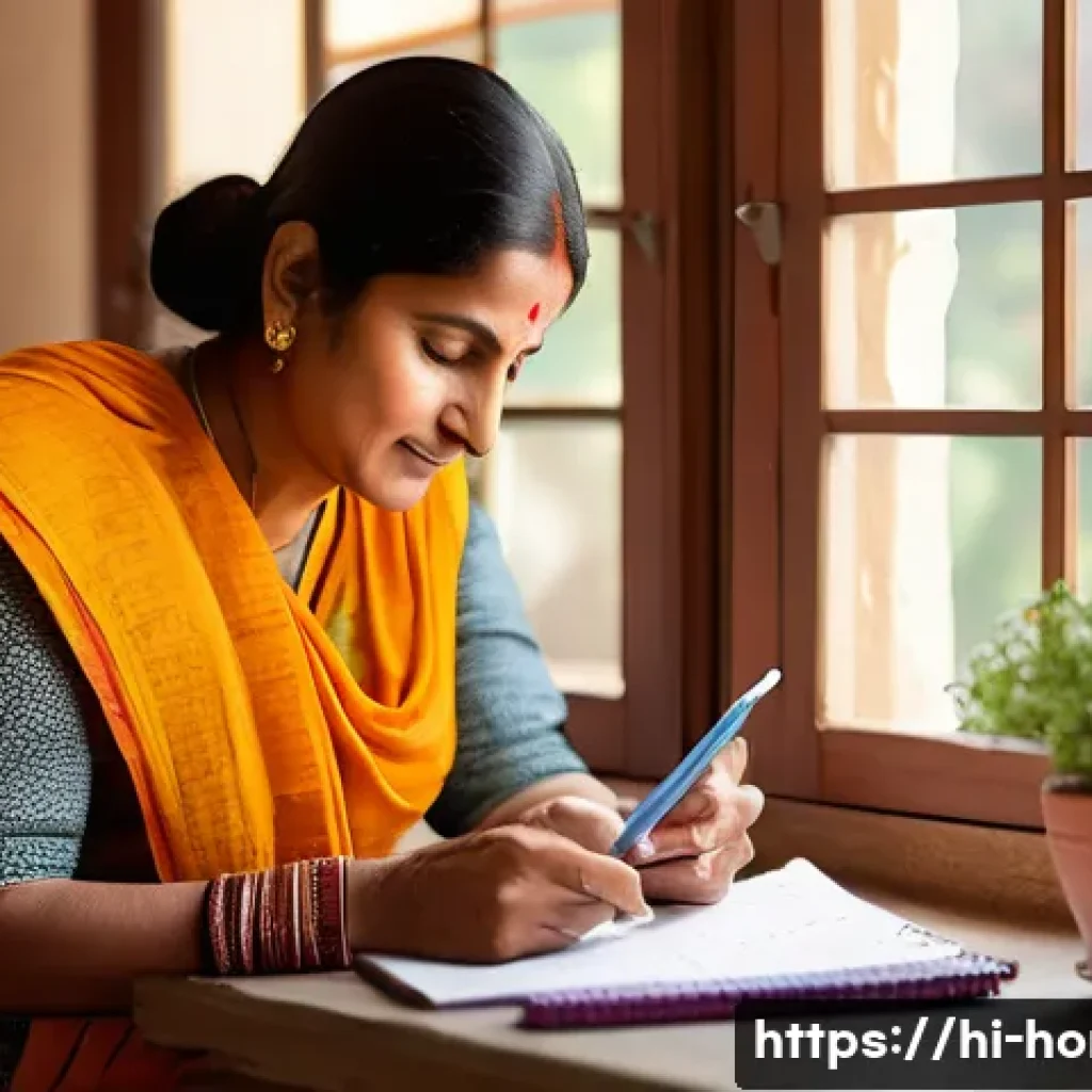 주택관리사와 관련된 현장 교육 - A modern Indian household setting featuring a middle-aged woman thoughtfully planning a daily schedu...