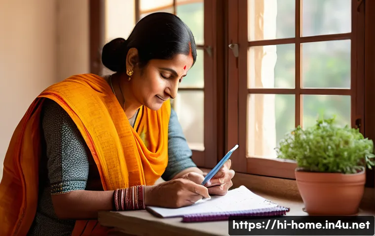 주택관리사와 관련된 현장 교육 - A modern Indian household setting featuring a middle-aged woman thoughtfully planning a daily schedu...