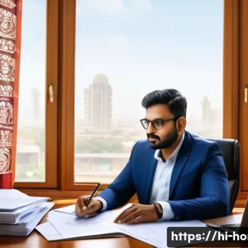 Home 33 주택관리사 필수 서류 정리 - A professional Indian property manager seated at a modern desk, surrounded by neatly organized legal...