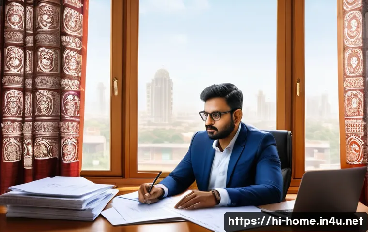 주택관리사 필수 서류 정리 - A professional Indian property manager seated at a modern desk, surrounded by neatly organized legal...