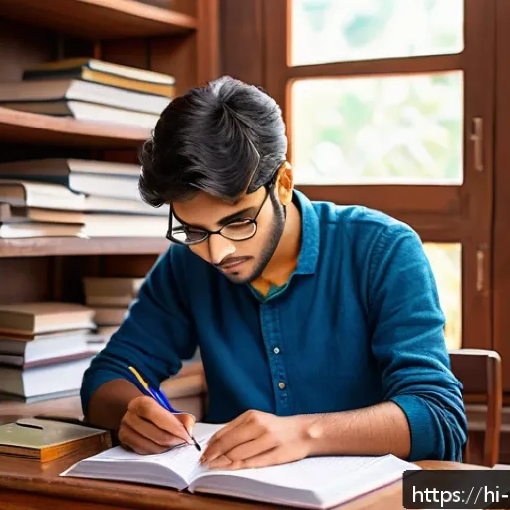 주택관리사 시험 합격 비결 - A focused Indian student studying at a wooden desk in a cozy room filled with books and study materi...
