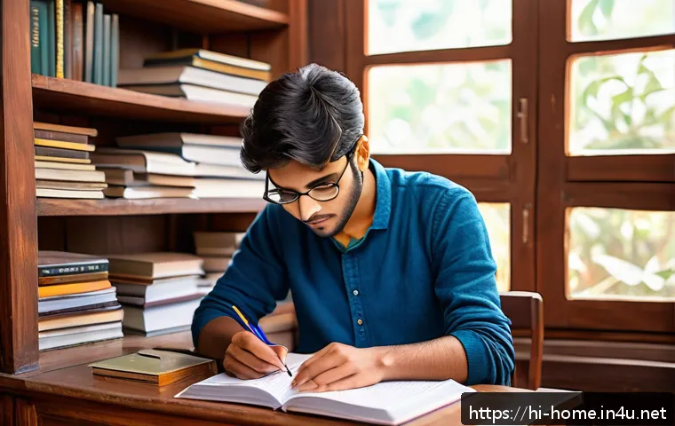 주택관리사 시험 합격 비결 - A focused Indian student studying at a wooden desk in a cozy room filled with books and study materi...