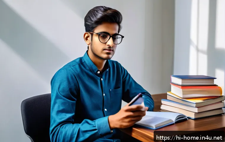 주택관리사 시험 단기 합격 팁 - A focused young Indian student studying in a bright, cozy room during early morning light, surrounde...