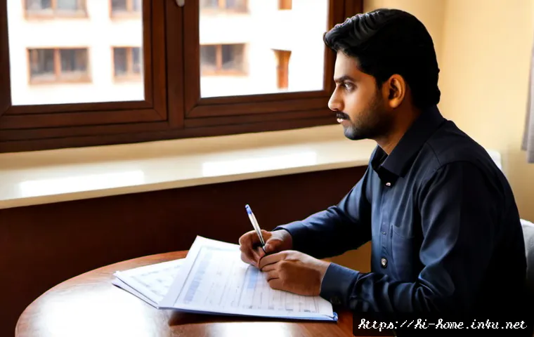 Home 17 주택관리사 시험 중 자주 묻는 문제 - Photorealistic Indian adult candidate studying for a property management certification exam at a nea...