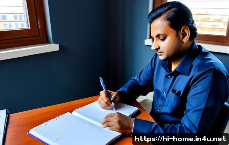 주택관리사 업무 일기 작성 요령 - Photorealistic Indian residential property manager seated at a neat office desk, carefully writing a...