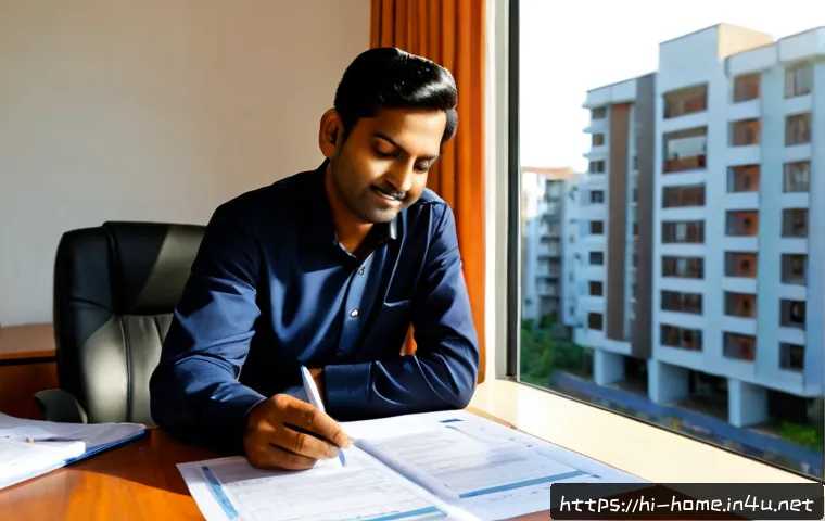 주택관리사 직업 만족도와 현실 - Photorealistic Indian residential property manager in a neat office, reviewing maintenance documents...